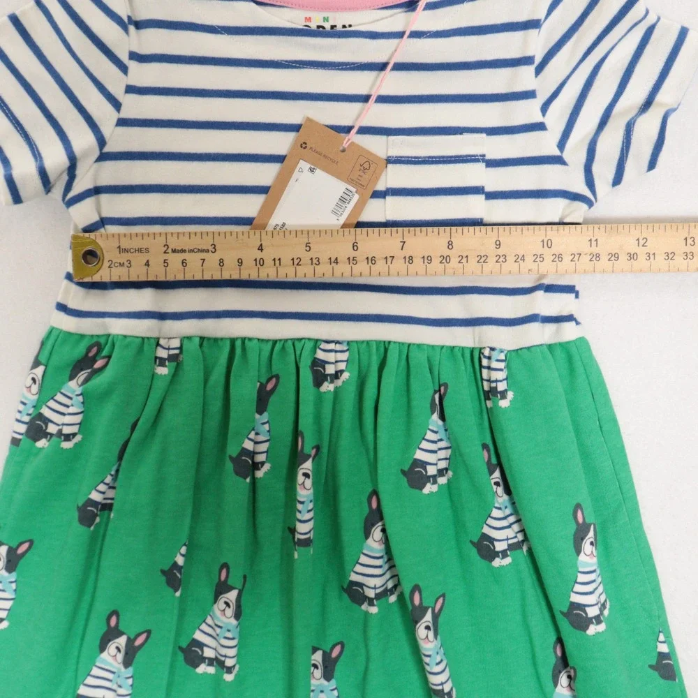 Mini Boden Girls Dress French Bulldog Stripes Green 100% Cotton Kids 4-5Y NWT